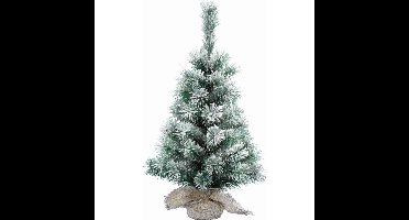 Mini kerstboom - met sneeuw - H35 cm - D24 cm - met jute zak - kunstboom