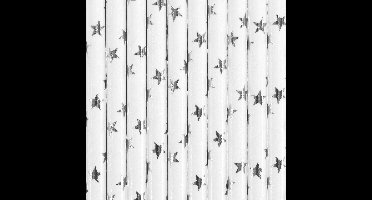 PartyDeco drinkrietjes - wit met zilveren sterren - 10x stuks - papier - 20 cm