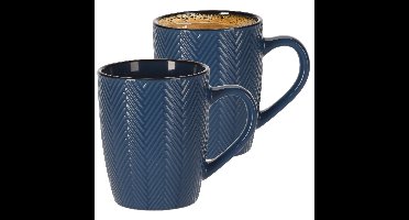 Siaki Koffiemok/theemok - 2x - Fishbone - blauw - 370 ml - mokken - keramiek