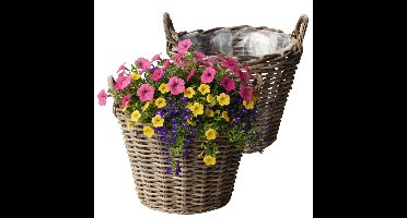 VD Leeden Plantenmand Klassiek - 2x - rond - bruin - 40 x 30 cm - rotan - gevlochten riet