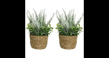 2x lavendel kunstplant in gevlochten plantenmand - wit - D12 x H26 cm