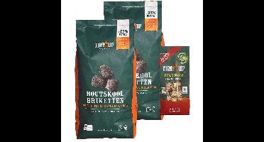 BBQ starterspakket - houtskool briketten 10 kilo - barbecue aanmaak houtwolkrullen 25x