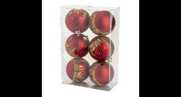 Gedecoreerde kerstballen - 6x st - 8 cm - kunststof - rood/goud
