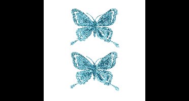Kerstboomversiering Vlinder - 2x - 14 cm - blauw glitter - op clip - ornament