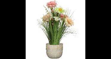 Kunstbloemen boeket roze - in pot lichtgrijs - keramiek - H40 cm