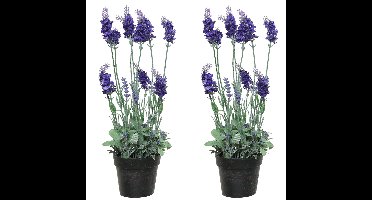 Lavendel kunstplant in pot - 2x stuks - paars - D18 x H38 cm