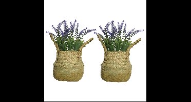 Lavendel kunstplant in rieten mand - 2x - lila paars - D16 x H27 cm