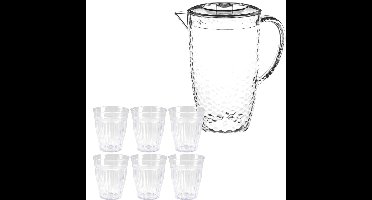Sapkan/schenkkan karaf met deksel - 2 liter - met 12x drinkglazen 250 ml - kunststof - transparant