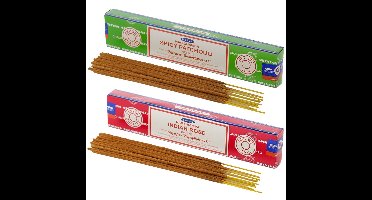 Satya Wierook cadeaus set - 2x geurstokjes - Patchouli en Rozen geur - Meditatie
